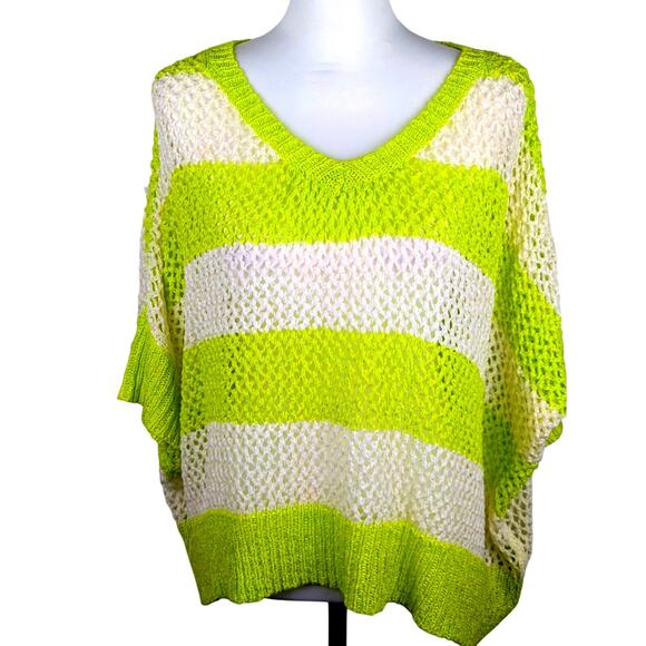 She & Sky Sz2 Oversized open weave sweater neon lime+white NWTbust 60"length 21" - Picture 1 of 10